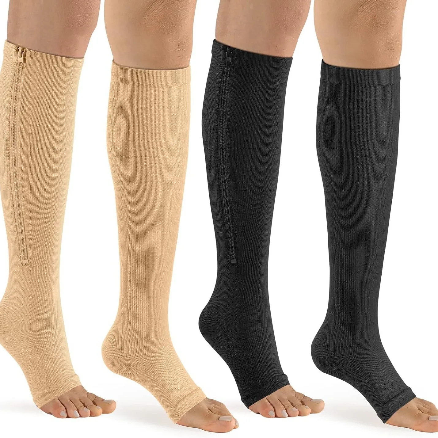 Wholesale 15-20mmHg Open Toe Compression Stocking Knee High Compression Socks With Zipper
