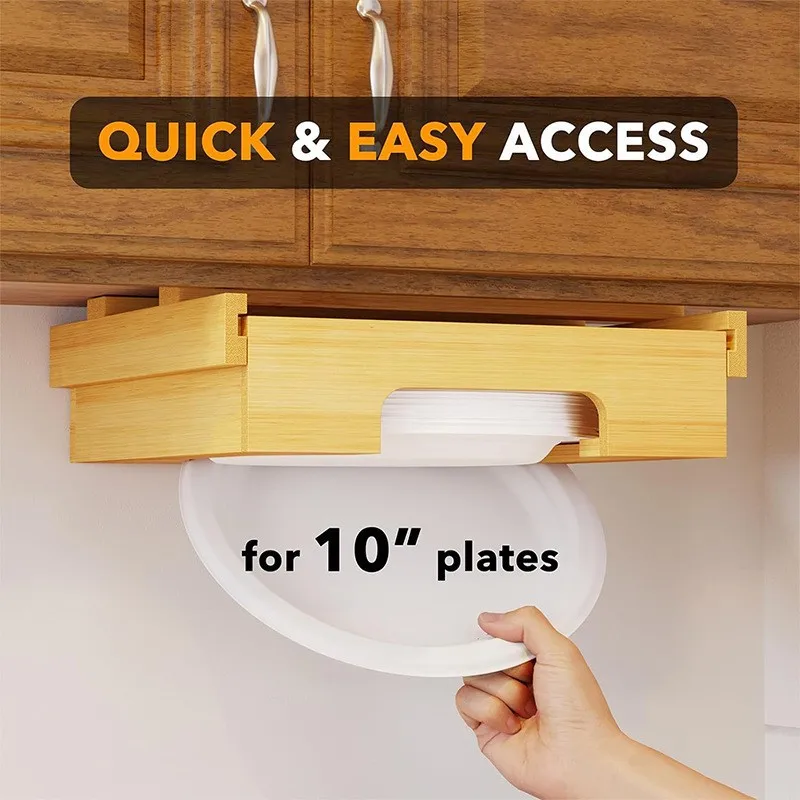 Kitchen Counter 10-inch Vertical Paper Plate Dispenser Holders Under Cabinet Bamboo Wooden Plates Storage Organizer Rack
