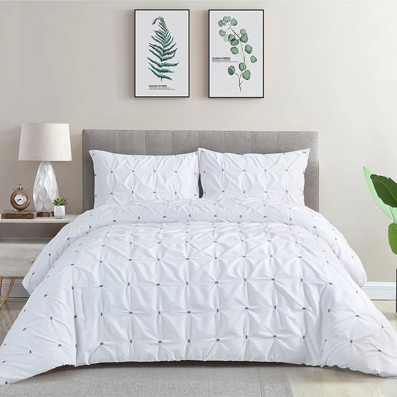 Manufacturer Customize White High Quality Solid Pinch Pleat Microfiber Sheet Pillowcase & Duvet Cover Sets