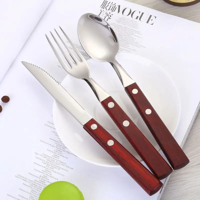 Factory Wholesale Wooden Handle 304 Stainless Steel Cutlery Knife Fork Spoon Silverware Dinner Flatware