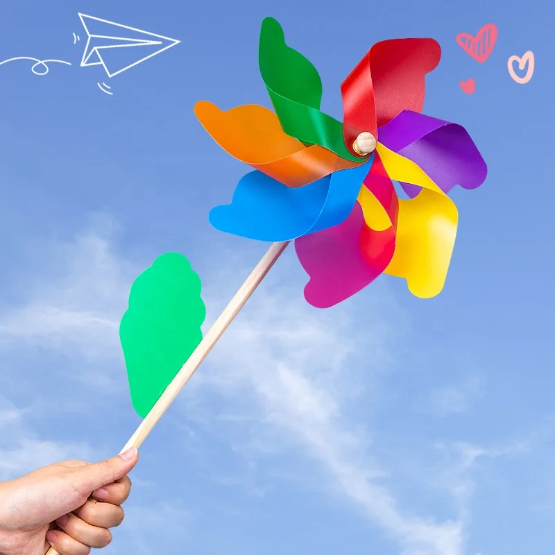 Hot selling wooden windmill rainbow pinwheel other outdoor toys garden children party decoration Wooden windmill for kids