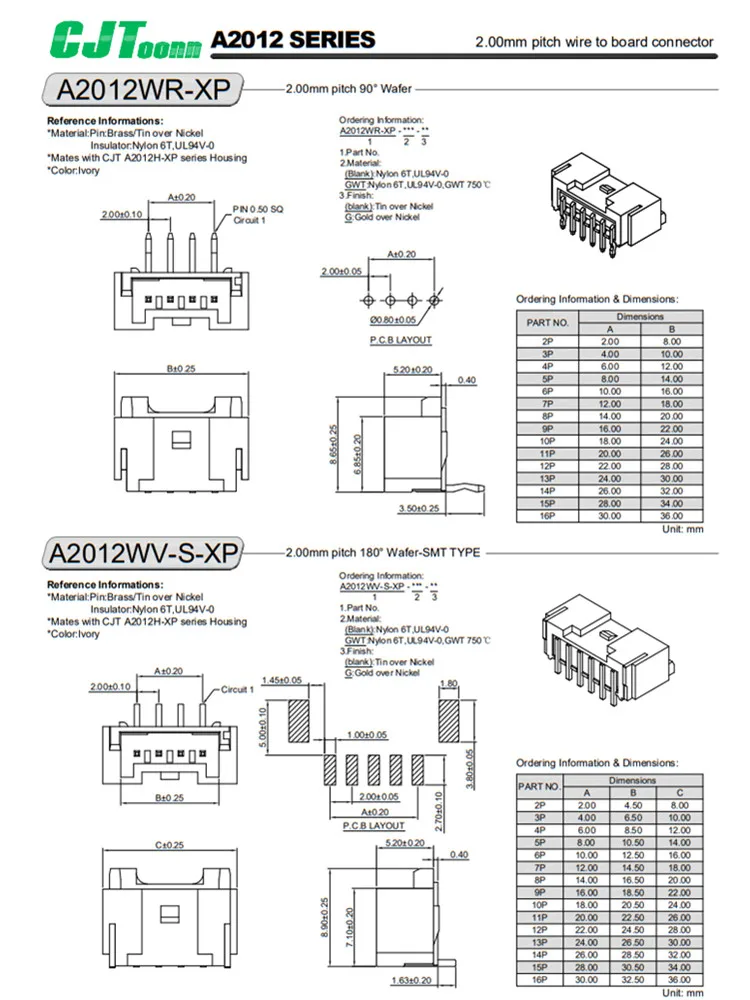 CJTconn A2012 2.00mm Pitch B02B-PASK right angle pcb connector 6 pin 8 pin 3 pin connector