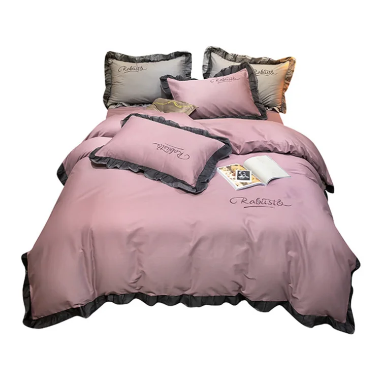 Lace light luxury cotton bedding embroidered ruffles four piece bed Set