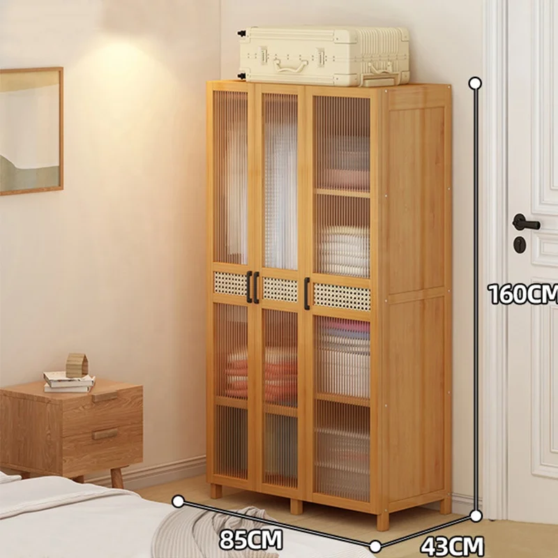 Simple  Solid Wood Minimal Rent Room Hanging Wardrobe Cane Weaving Bedroom Clothes Storage cabinet 2022WL-034