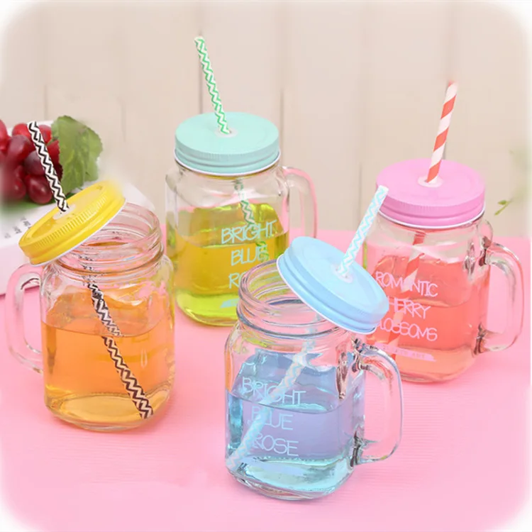 Wholesale Fresh Juice Drinking Beverage Glass Bottle 16Oz Mason Jar Lid With Straw Hole