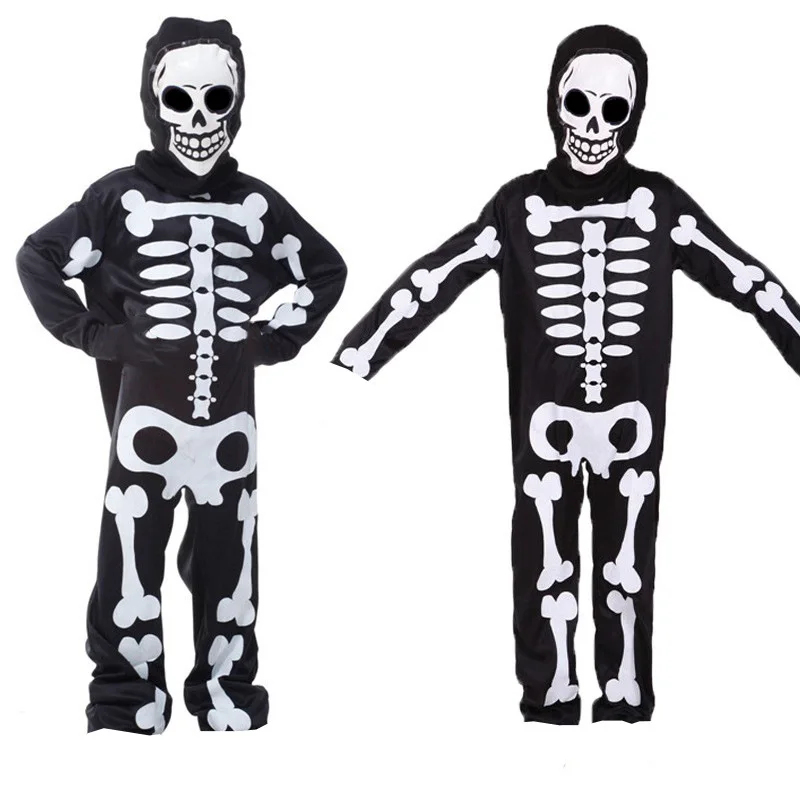Black Hooded Jumpsuit Halloween Cosplay Costume Kids White Skeleton Halloween Scary Costume