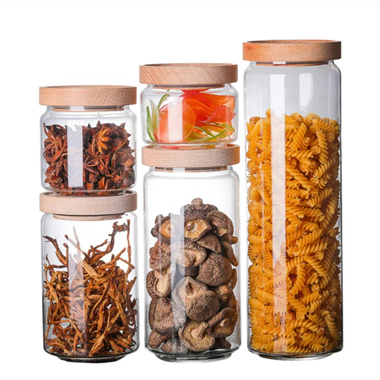 
Round shape storage dry rice vacuum borosilicate glass storage jar food glass jar with wooden lid 