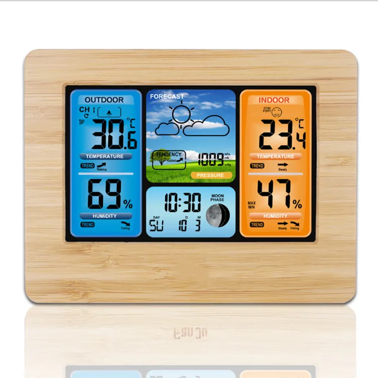 Color screen weather forecast clock bamboo face radio wave clock electronic alarm  RF wireless weather clock calendar