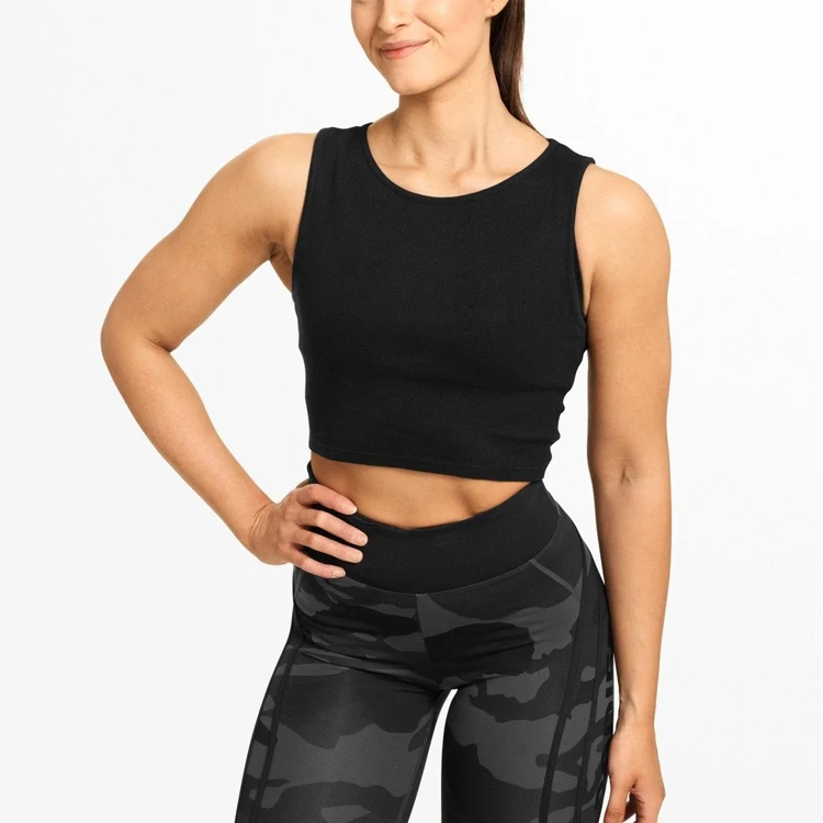 Latest Wholesale Female Activewear Outdoor Running Gym Yoga Women Black Ribbed Back Lace Crop Tank Top