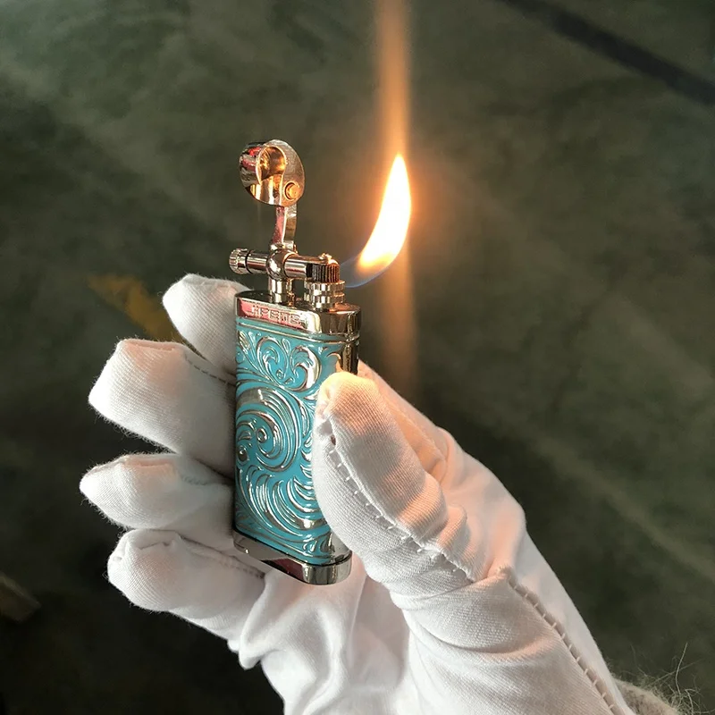 JIFENG JF-096 популярный синий цвет металлический Цветочный дизайн кремневое газовое мягкое пламя табачная трубка Зажигалка для курения