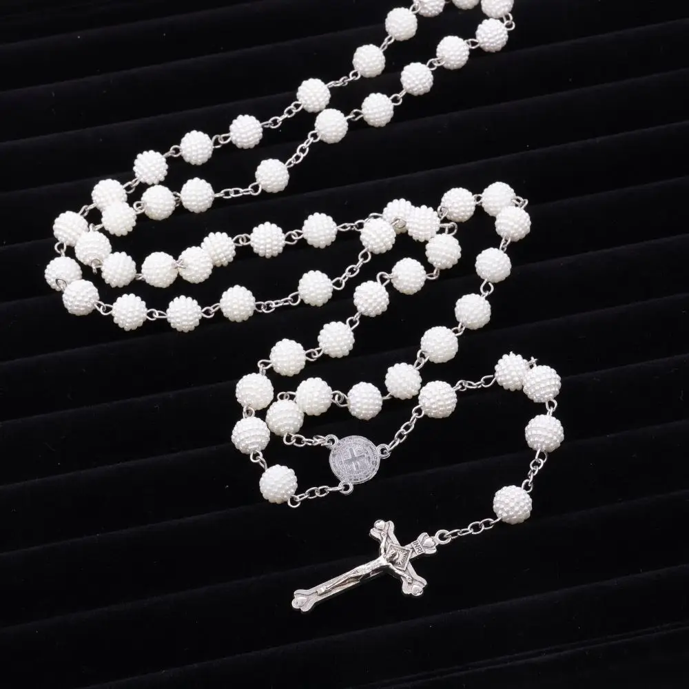 JC Wholesale 10mm Christian Plastic beads Pearl rosary Cross necklace Wedding prayer beads