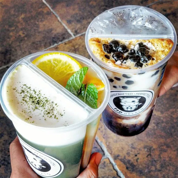 Custom Logo Boba Tea Cups Plastic Twins Share Disposable Split Plastic Cups 16 oz 700ml Fresh Juice Split PP Cup With Two Flavor