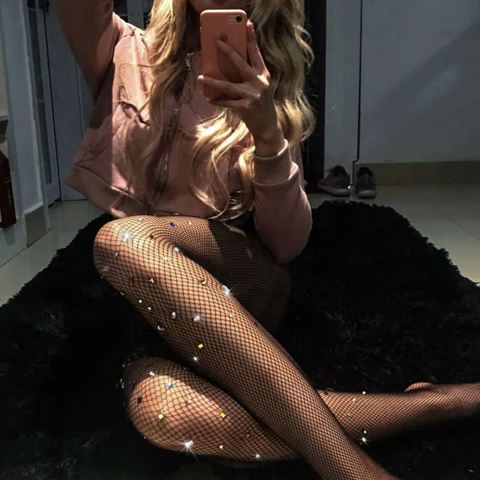 Colorful Party Diamonds Shining fishnet apparel apparel lingerie stock girls transparent Sexy Small Net Tights Pantyhose