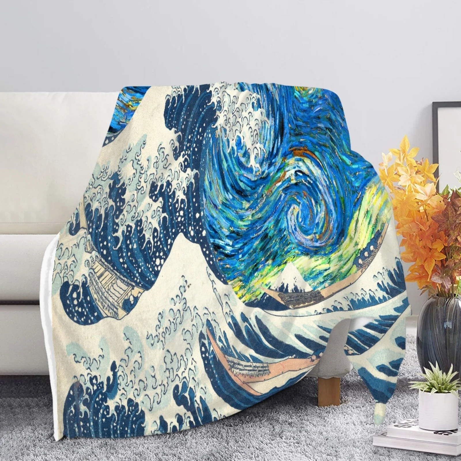 Custom Unique Blankets Soft The Comfy Mexican Wolf Starry Night Van Gogh Coral Fleece Blankets Animal Picture Blanket