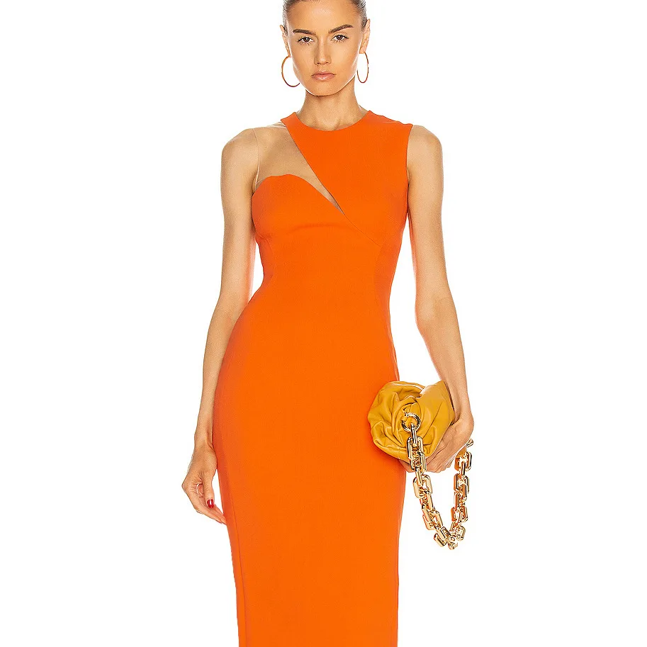 
D8167#Fashionable slanting v-neck net gauze thin charm bandage dress social evening dress 5 colors 