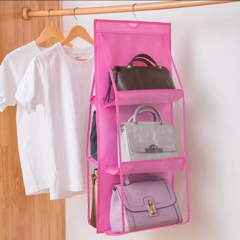 Hot selling 6Pocket Hanging Handbag Organizer for Wardrobe Closet Transparent Storage Bag Double-sided Handbag storage organizer