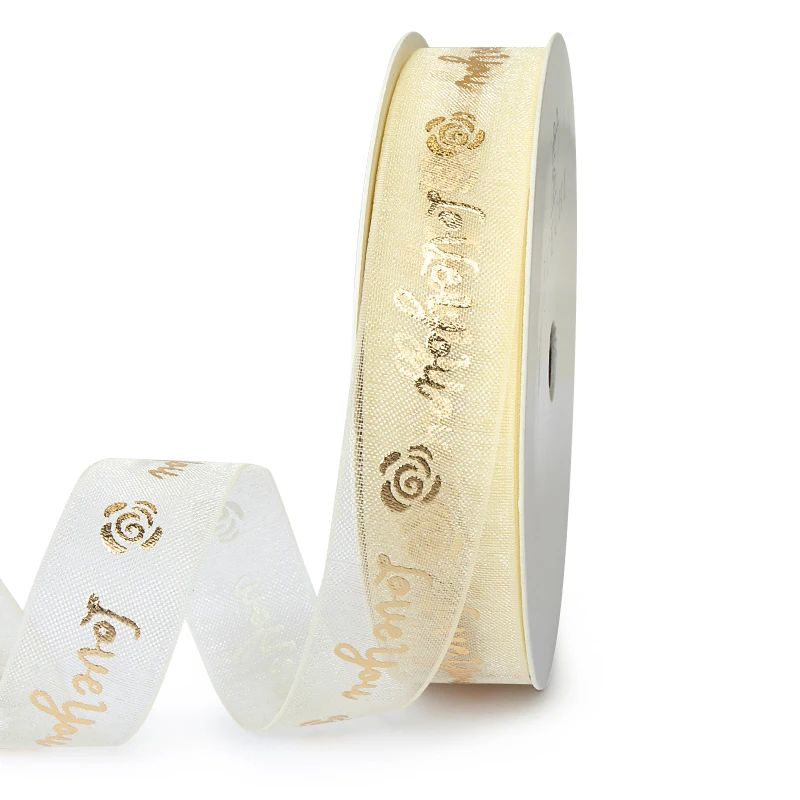 High quality love you printing snow yarn band for gift packing Transparent organza printed ribbon