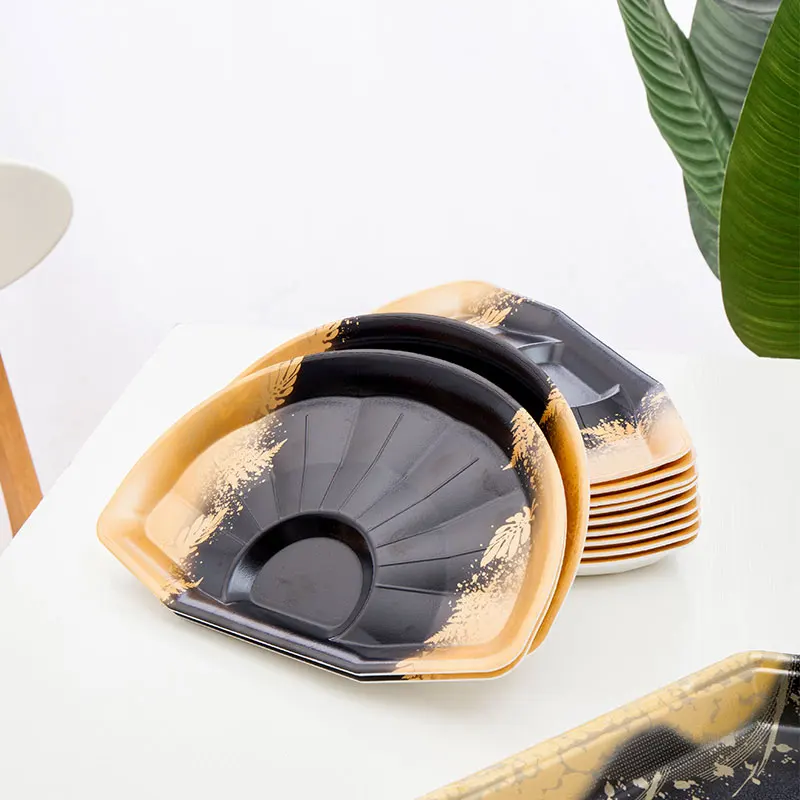 Fan-shaped round black gold wood grain gold foam deli beef lamb seafood steak prawns disposable food packing freshness tray