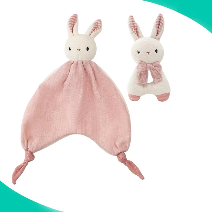 factory custom made Stuffed animal toys baby for 2 organic plush Stuffed bunny security blanket and ring rattle stuffed toy set
