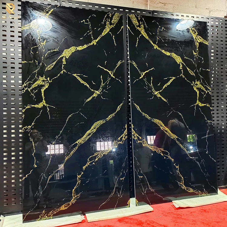 Black gold big porcelain marble glossy slab tile floor wall sintered stone glazed slab marble tile for living room decoration