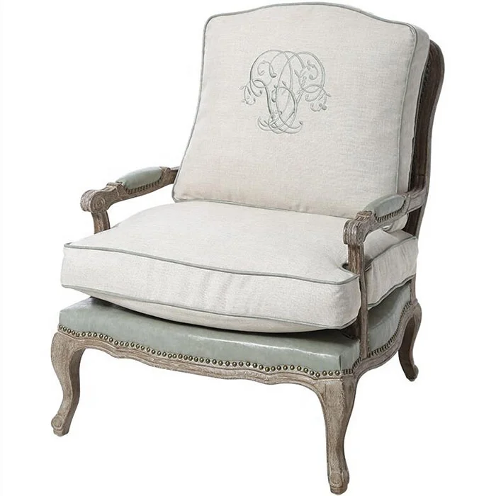 French Village Style Living Room Antique Retro Solid Wood fabric Armrest Armchair sofa chair