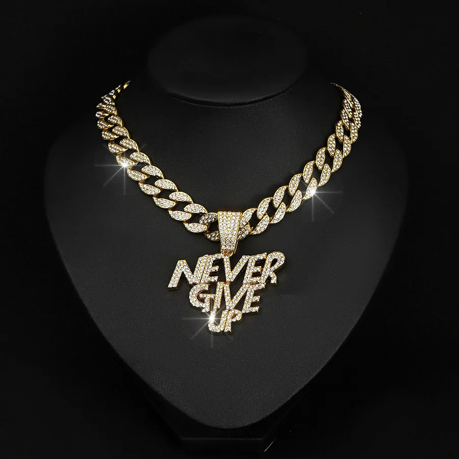 Cross border alloy letters NEVER GIVE UP Punk pendant necklace Hip hop full of diamonds beautiful Cuban chain necklace for men