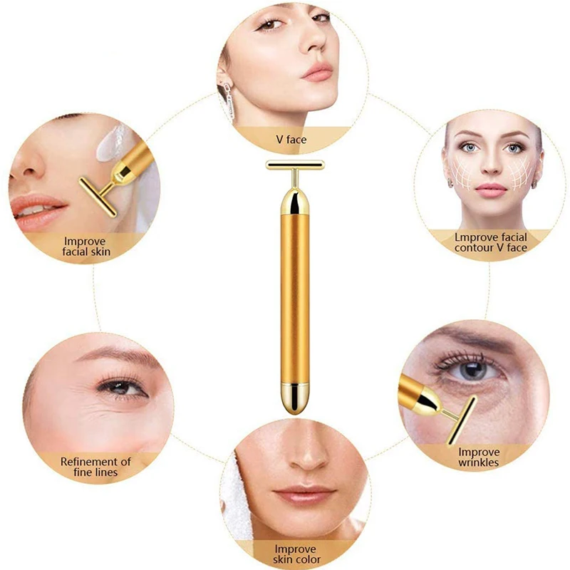 2022 Face Tightening Slimming Massager T-Shape Beauty Bar Skin 24 K Gold Bars Vibrating Face Facial Massager