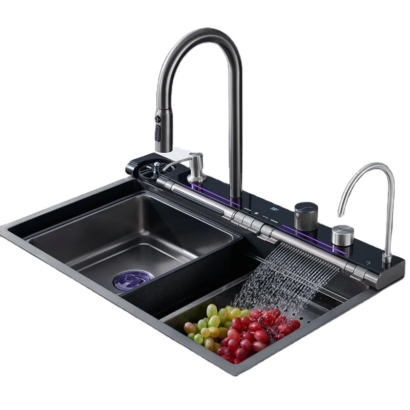 Sanitary Ware New Design Complete Whole Set Waterfall Kitchen Sink Stainless Steel Sinks Modern Black With Pull Out Tap