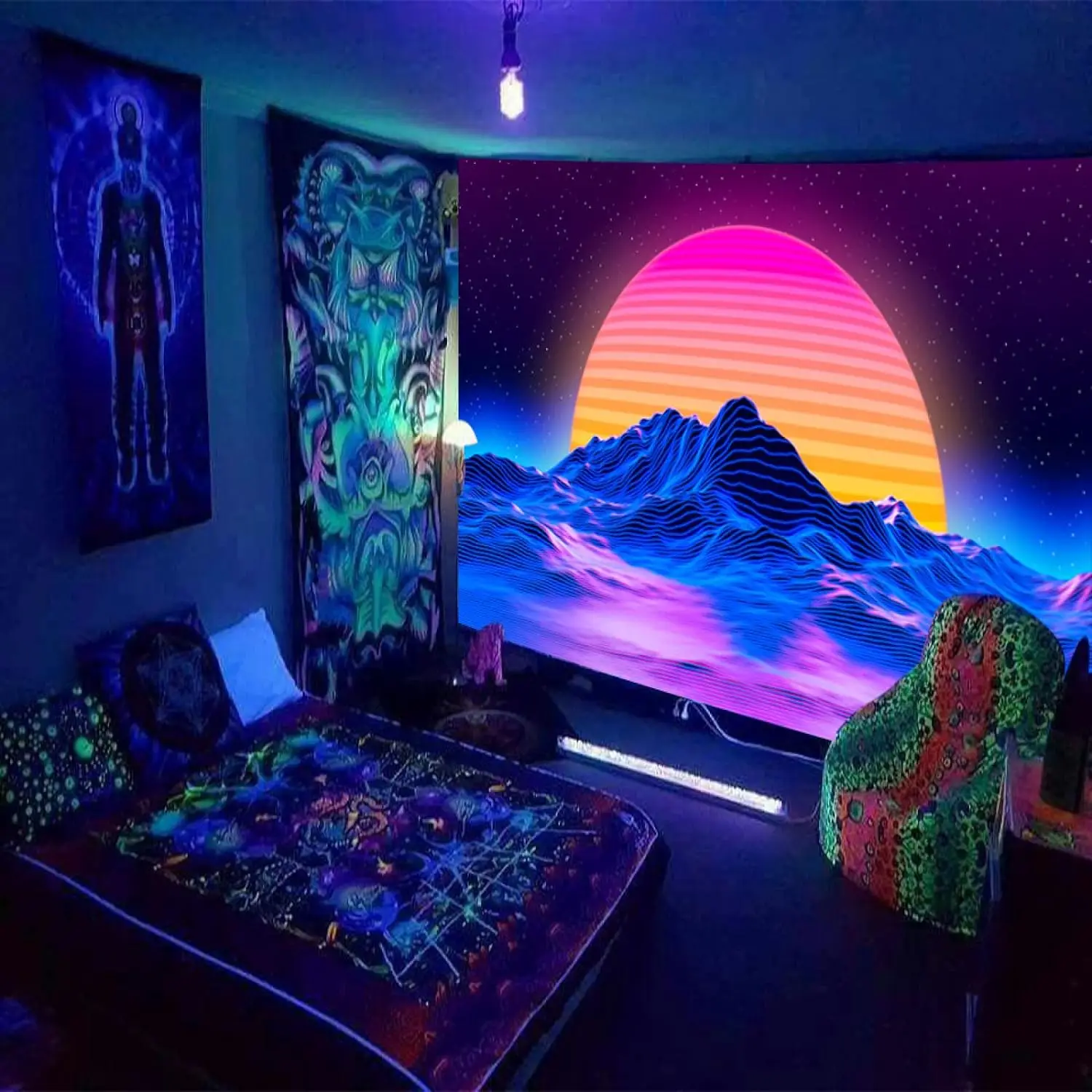 Custom Wall Tapestry Wall Hanging,Black Light Sunrise Mountain Tapestry UV Reactive Trippy Neon Tapestry
