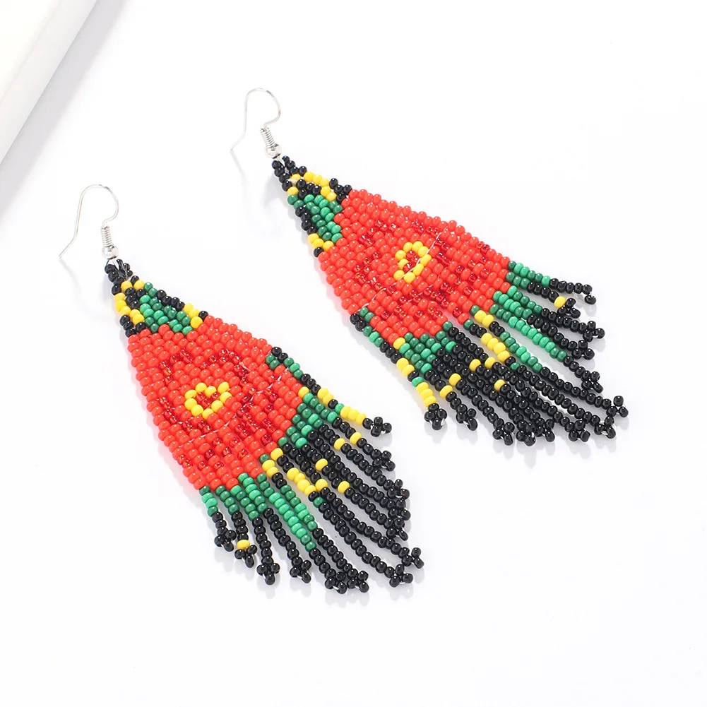 Black Blue Red Beaded Fringe Earrings Beadwork Long Rose Earring Dangle Boho Jewelry