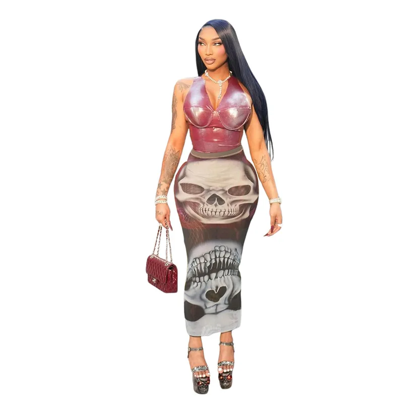 CUTENOVA Z1214DS 2025 Summer Trend Women Sexy See Through Skinny Stretch Long Skirts Print Skirts