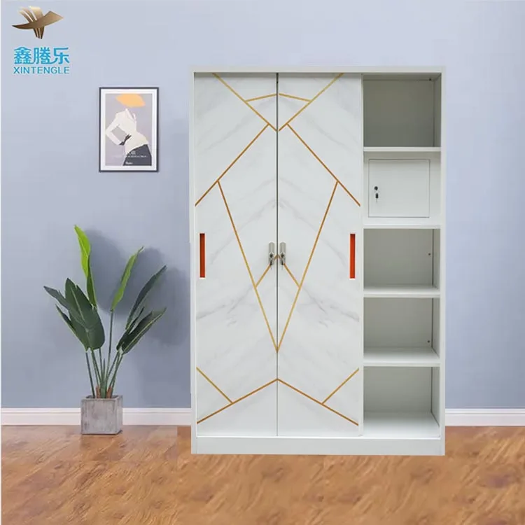 Multifunctional Steel Clothes Cabinet Bedroom Wardrobe with Sliding Door Mirror Drawer-Wardrobe Designs General Furniture Use