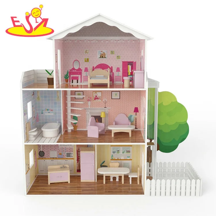 Customize kids wooden doll house game toys with garden tree W06A416