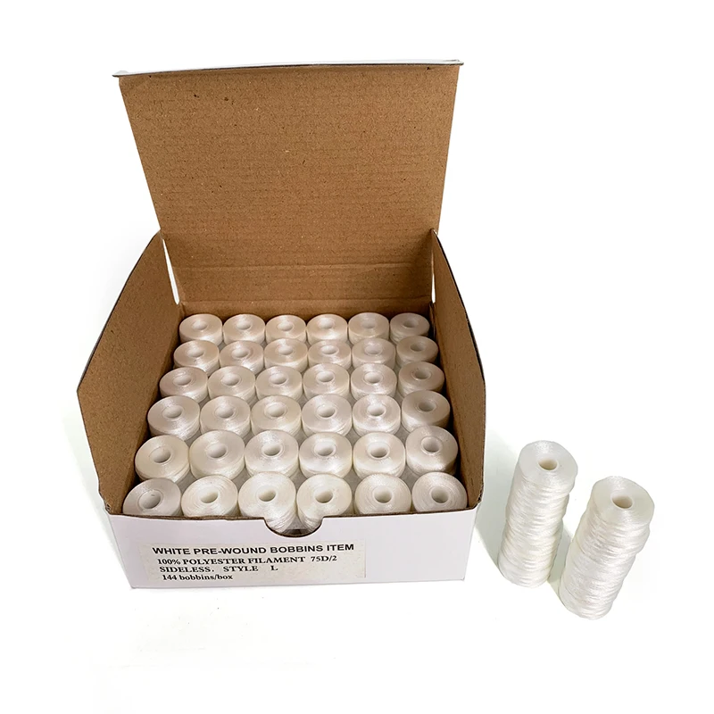  75D/2 Polyester Bobbin Thread L type side less for back embroidery white