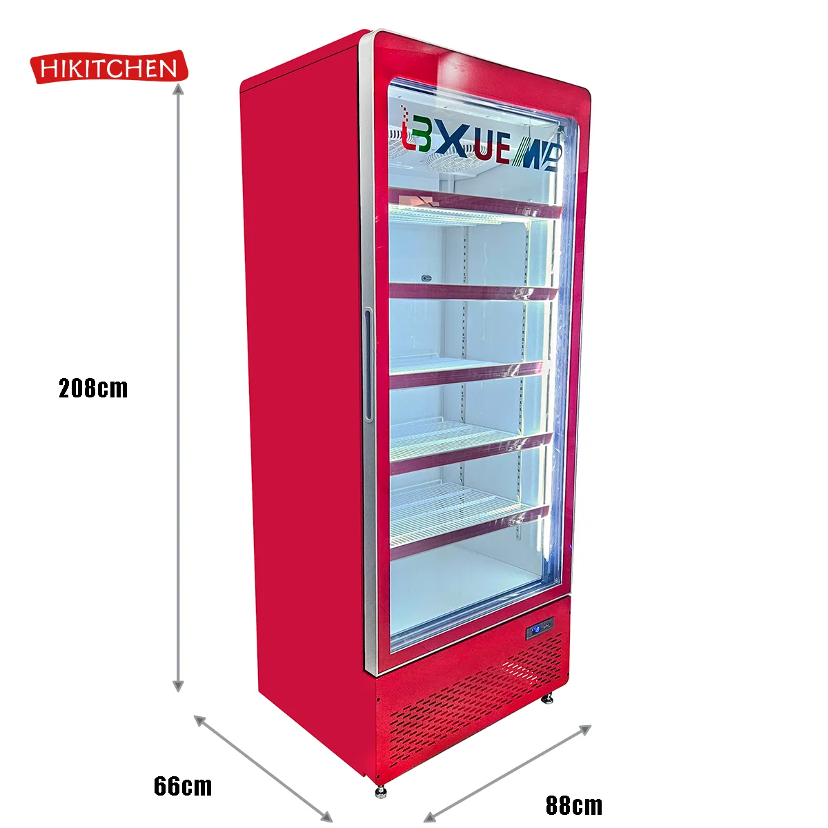 Large Capacity Red Color Hollow Glass Luxury Cold Drink Showcase Vertical Fridge Cooler With 5 Layer Shelves