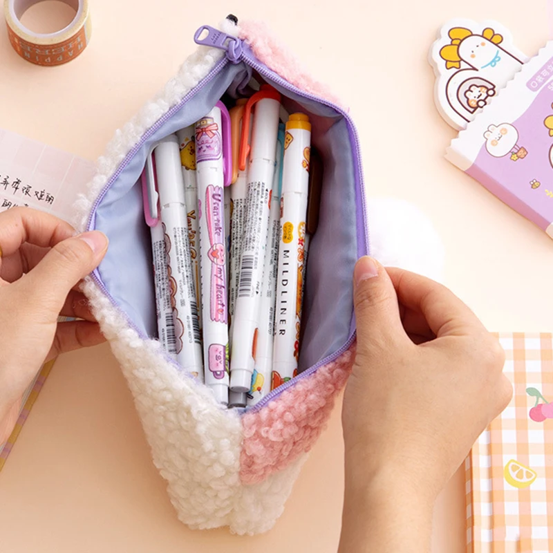 Wholesale Girls Colorful Cute Fur Pencil Bag School Stuffed Soft Pencil Case Creative Plush Pen Bag