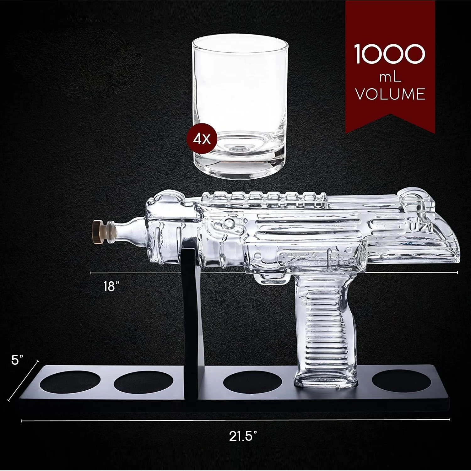 Top Seller Christmas Gifts Hot Sale New Arrival Ideas Glass UZI Gun Whiskey Decanter and 4 Liquor Glasses