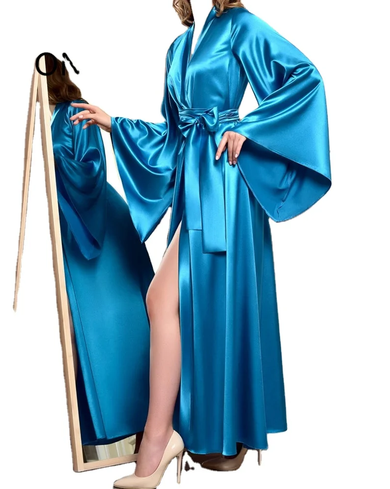 High Quality Hot Sale Wholesale Women Fashion Elegant Long Sleeve Long Silk Satin Kimono Robes Nightgowns Pajamas