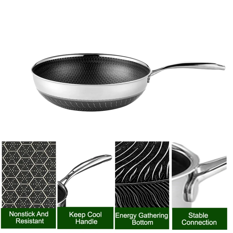 Manufacturer 34cm Wok Pan Chinese Induction Gas Nonstick Cookware Stainless Steel Kitchen Frying Pan Honeycomb Large Cooking Wok