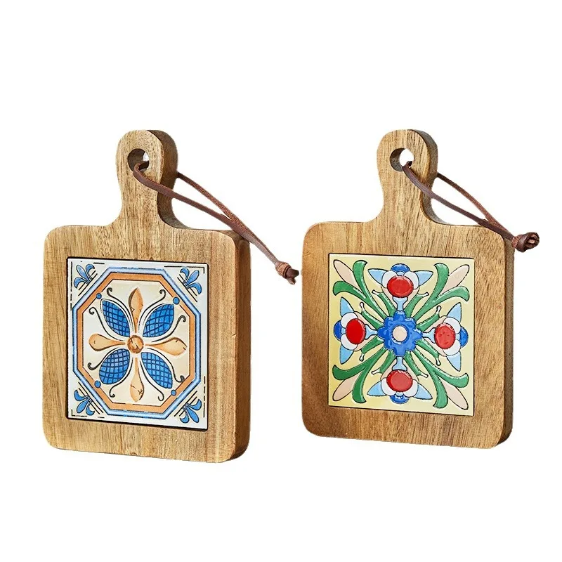 Wooden hotpot holder trivets with center ceramic natural acacia wood pot holders heat resistant trivet set
