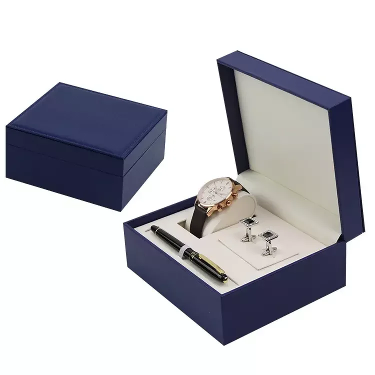 Custom Handmade Pu Leather Display Packaging Watch Pen Cuff-links Box For Gift Luxury Black Gift Box Set For Watch Pen Cuff-link