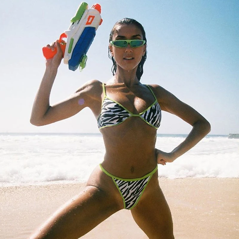 Zebra Print Neon Green Bikini sets Beach Vacation leisure Two pieces Sexy Suits Summer Camis Underpant Sets For Women