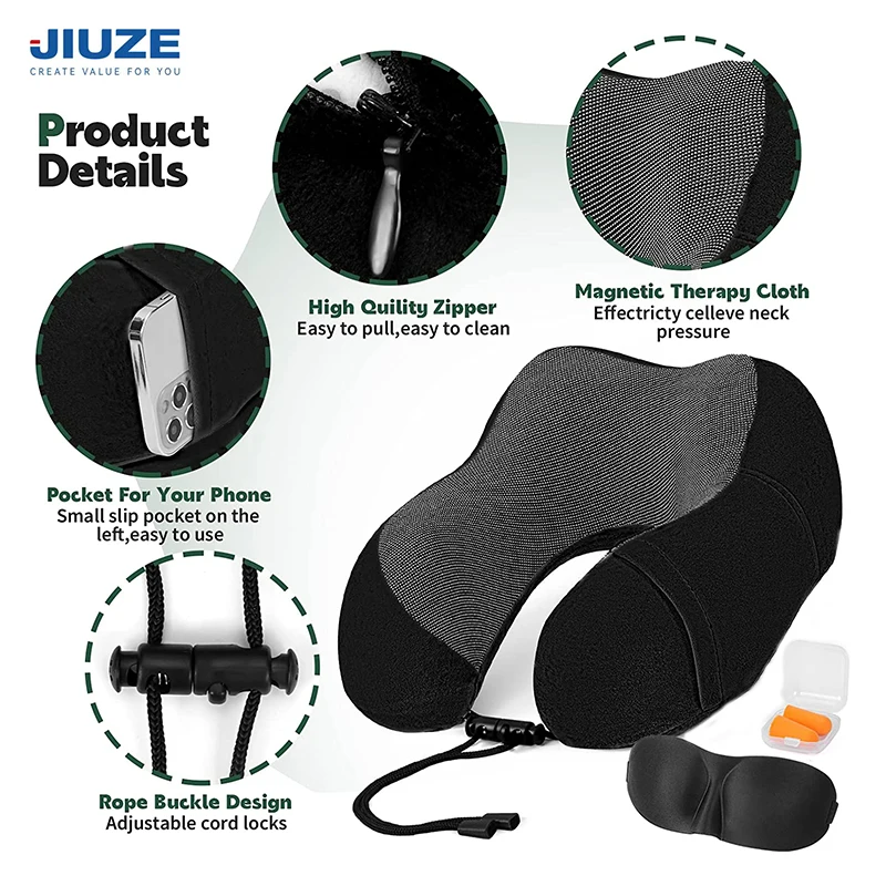 Cooling Set Eye Mask Neck Rest Cushion 3 in1 U Shape Memory Foam Travel Neck Pillow