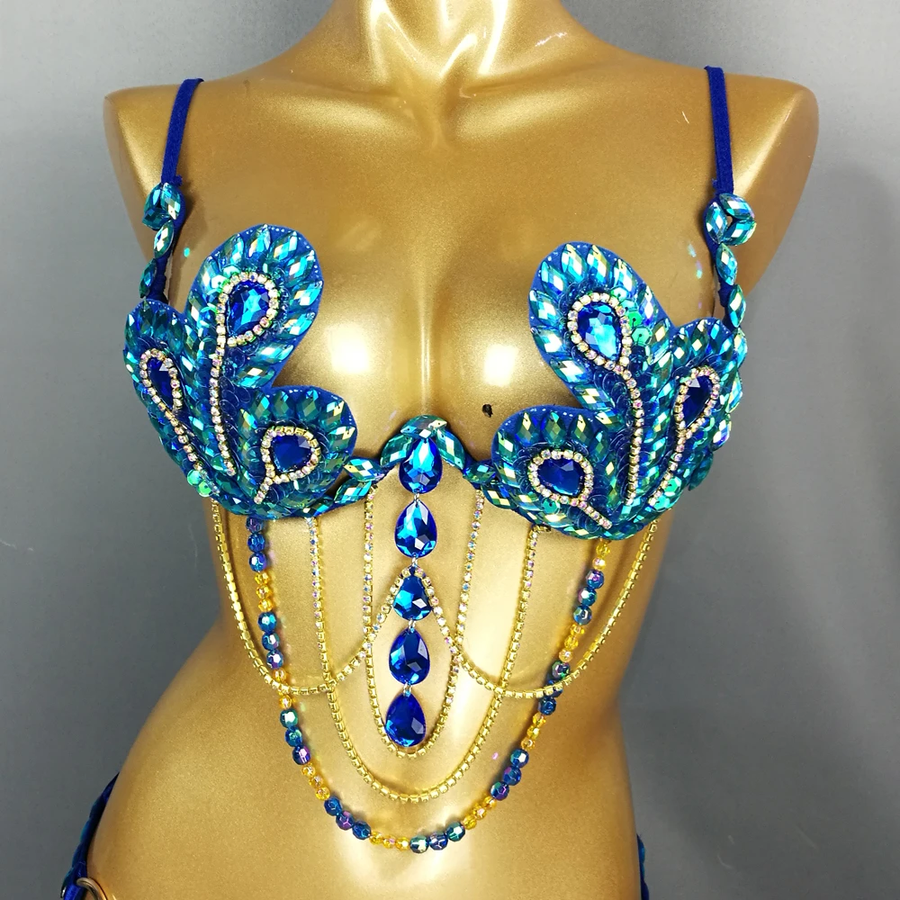 Dance Stage Performance Sexy Gymnastics Leotards Sexy Belly Dance Costume Samba Carnival Bra Belt Rainbow Stone