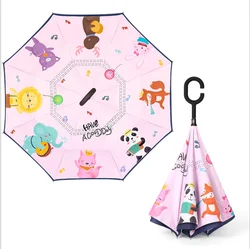 Children kids Cute Upside-down Double Layer Windproof C Type Handle inverted Umbrellas Creative Kids Cartoon Animal Reverse Umbr