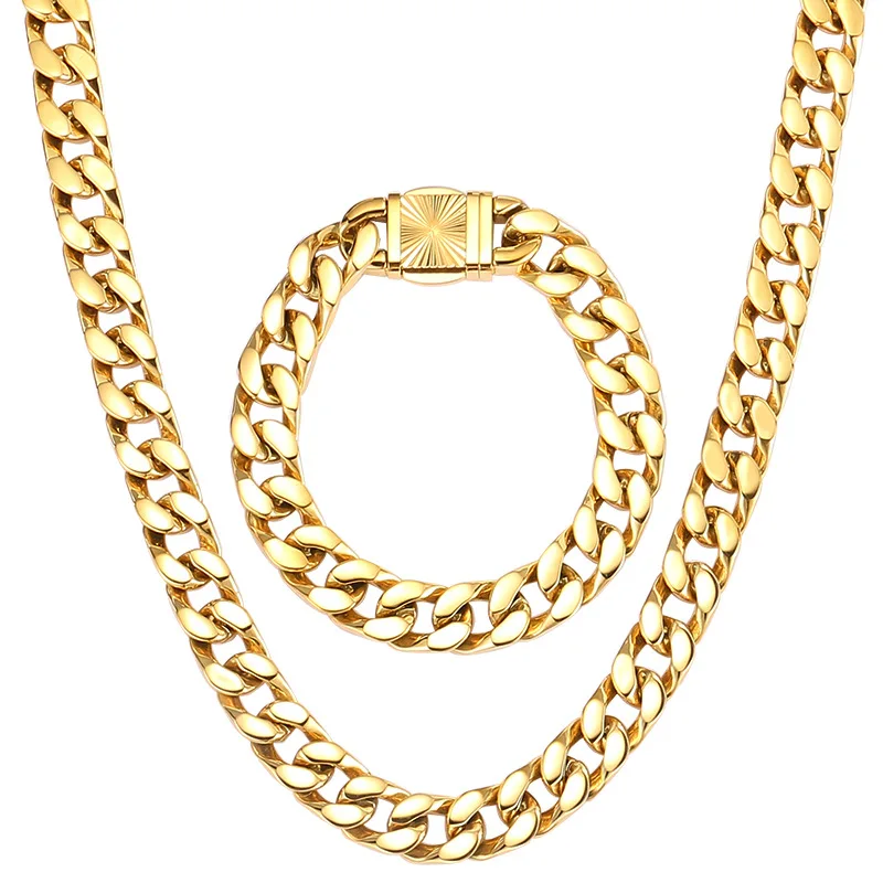 Thick Metal Stainless Steel Real 18K Gold Plated 12MM Flat Cut Curb Link Miami Cuban Chain Necklace Bracelet