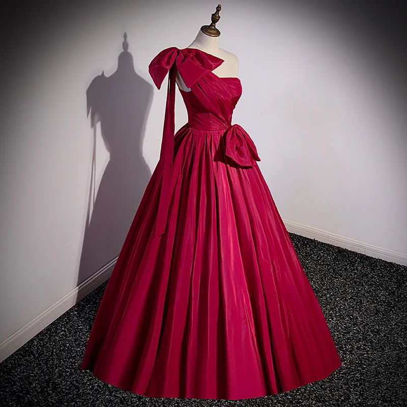 High Quality A-line Red Bow One-shoulder Dress Formal Gown Slim Fitting Floor Length Birthday Party Gown for Women Vestidos De N