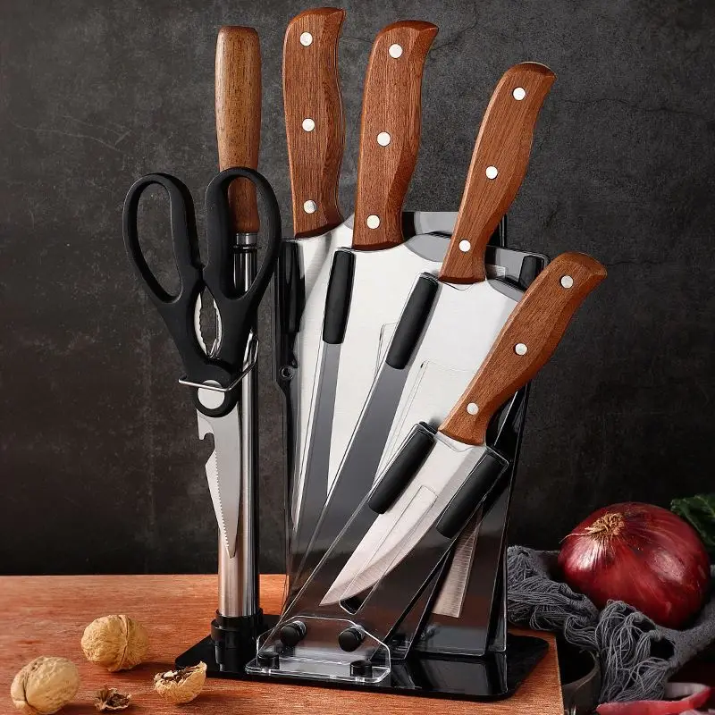 Knife Set Stainless Steel Household Kitchen Knife sharpener scissor  wooden handle chef knife set with stand