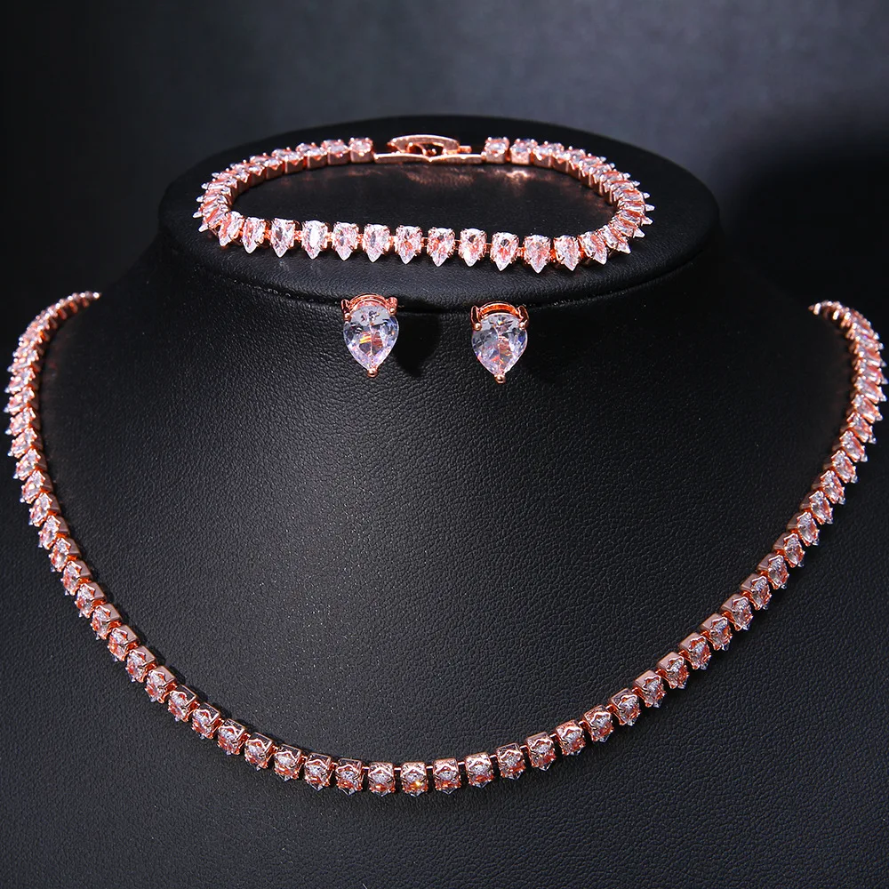 Fashion diamond inlaid zirconia necklace earrings bracelets three piece set for bride and wedding accessories