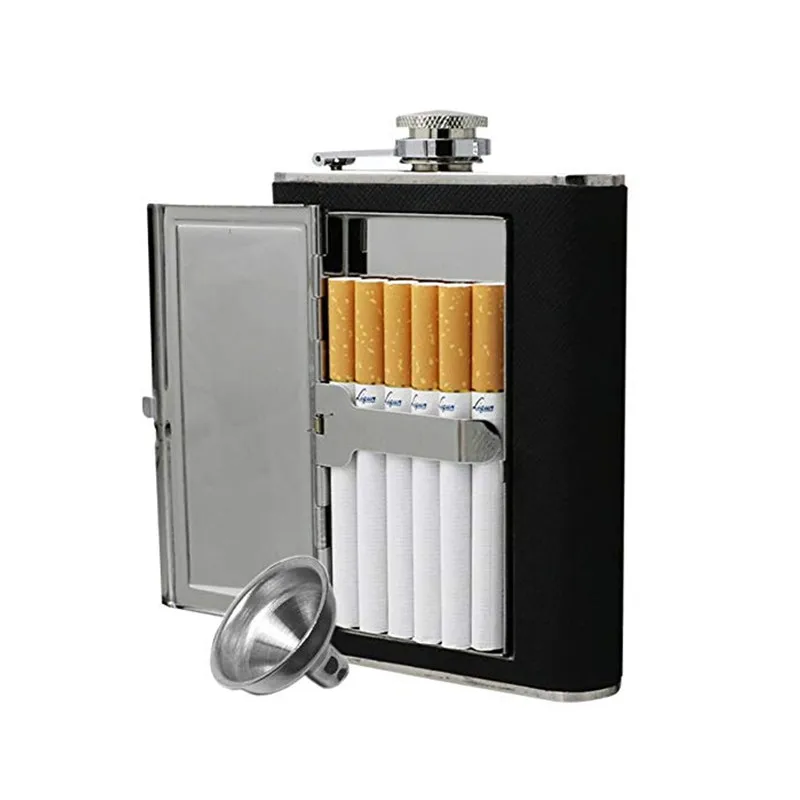 6oz black leather wrapped hip flask with bulid-in cigarette case Whiskey Flask
